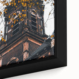 Framed canvas featuring a close-up of textured, colorful leaves in autumn hues, ideal for extra large living room wall art.