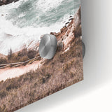 Large abstract wall art in mid-century modernist style, featuring vibrant orange and yellow tones on acrylic glass.