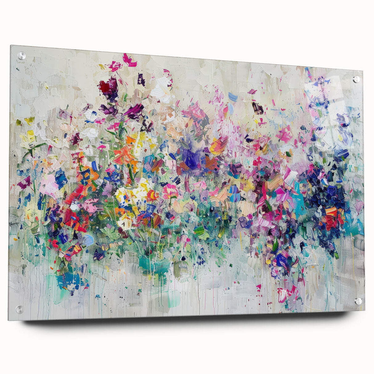 Abstract acrylic glass artwork displaying vibrant splatters in an array of colors, showcased from a side view with decorative pins, perfect for modern home decor.
