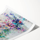 Abstract splatter art print in vibrant colors, showcasing dynamic brush strokes and shapes on rolled canvas, ideal for modern home decor or art enthusiasts.