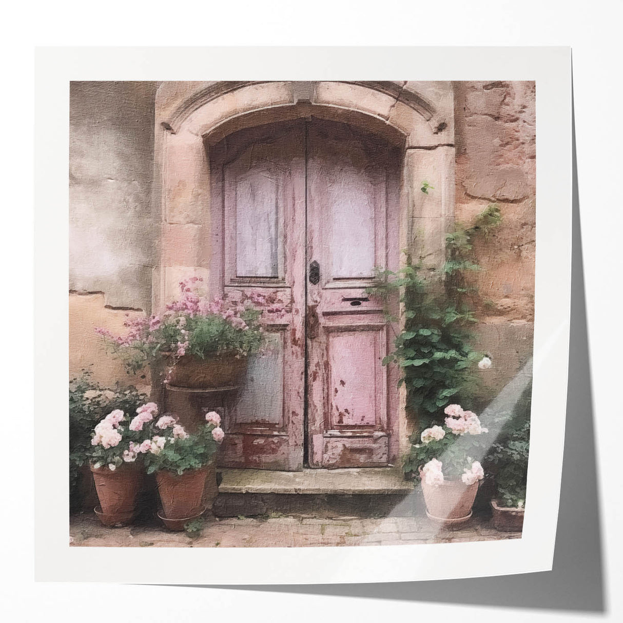 Extra large wall art featuring a close-up of a French door architecture in muted earth tones, perfect for dining room decor.