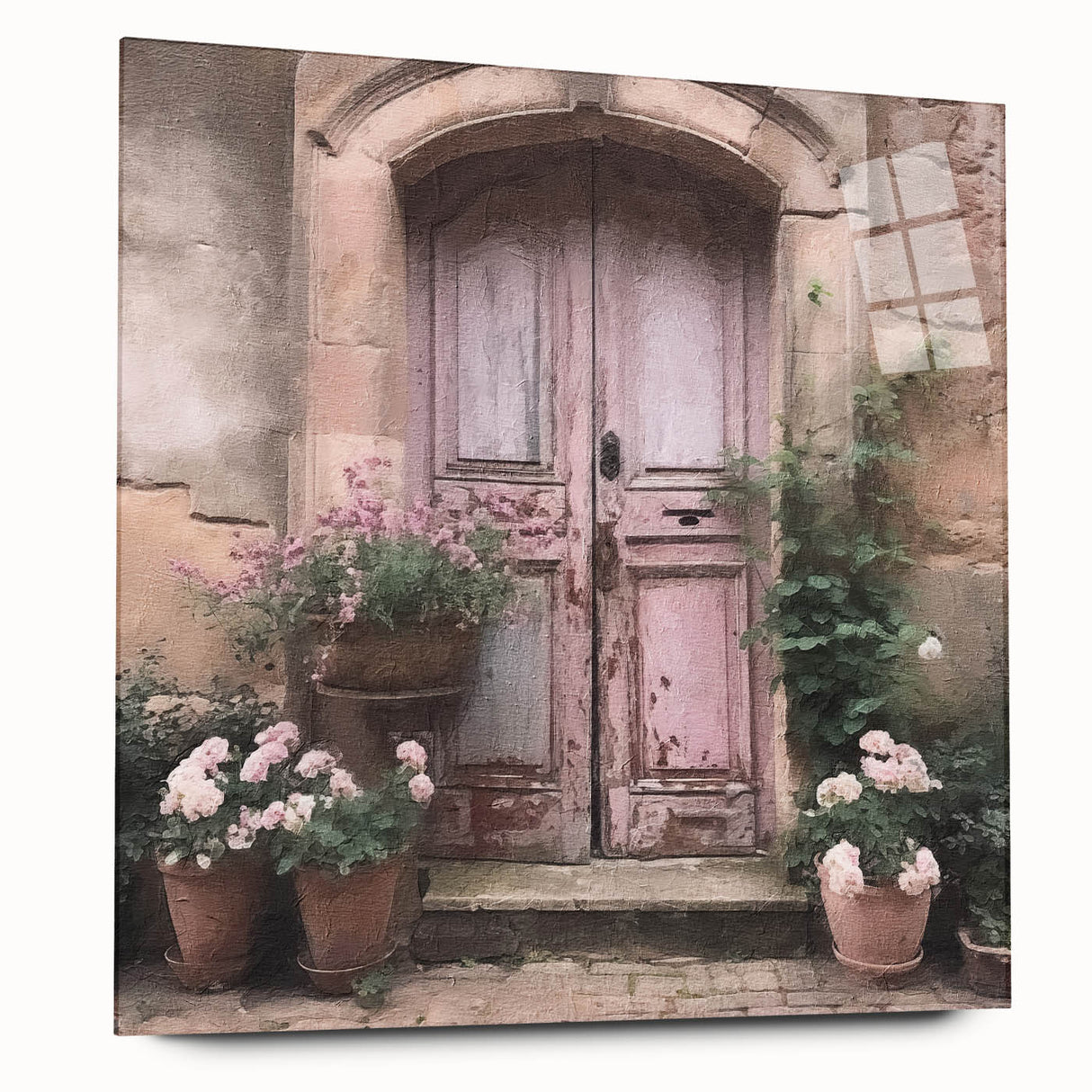Large abstract wall art featuring a French door design in muted gray tones on acrylic glass.