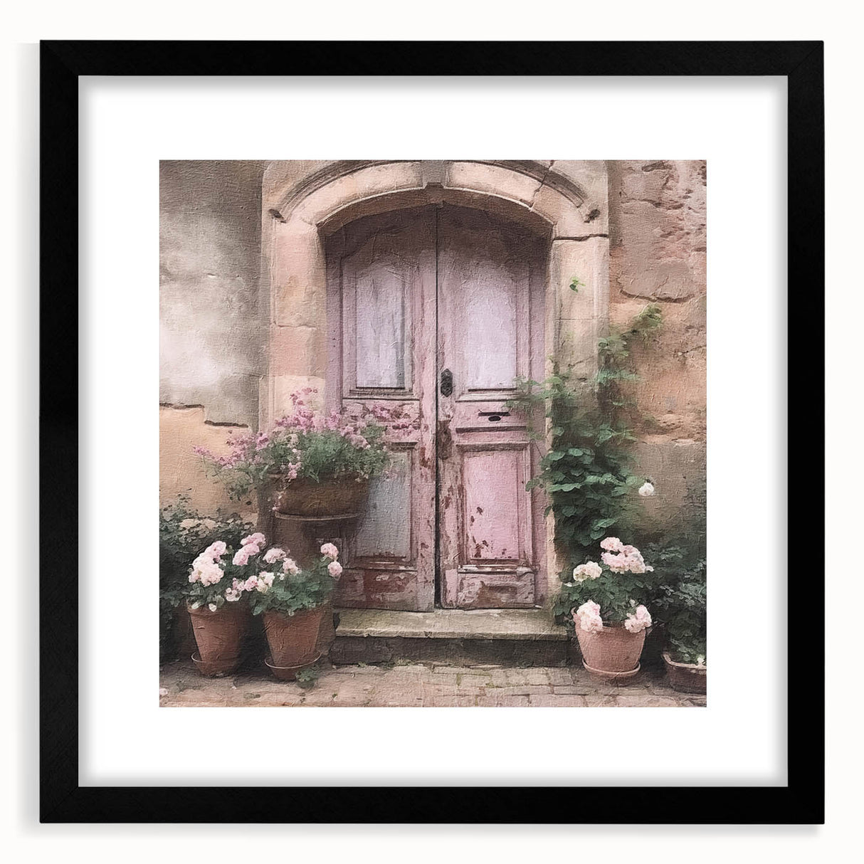 Extra large abstract art print featuring a colorful, textured depiction of a French door, framed in black.