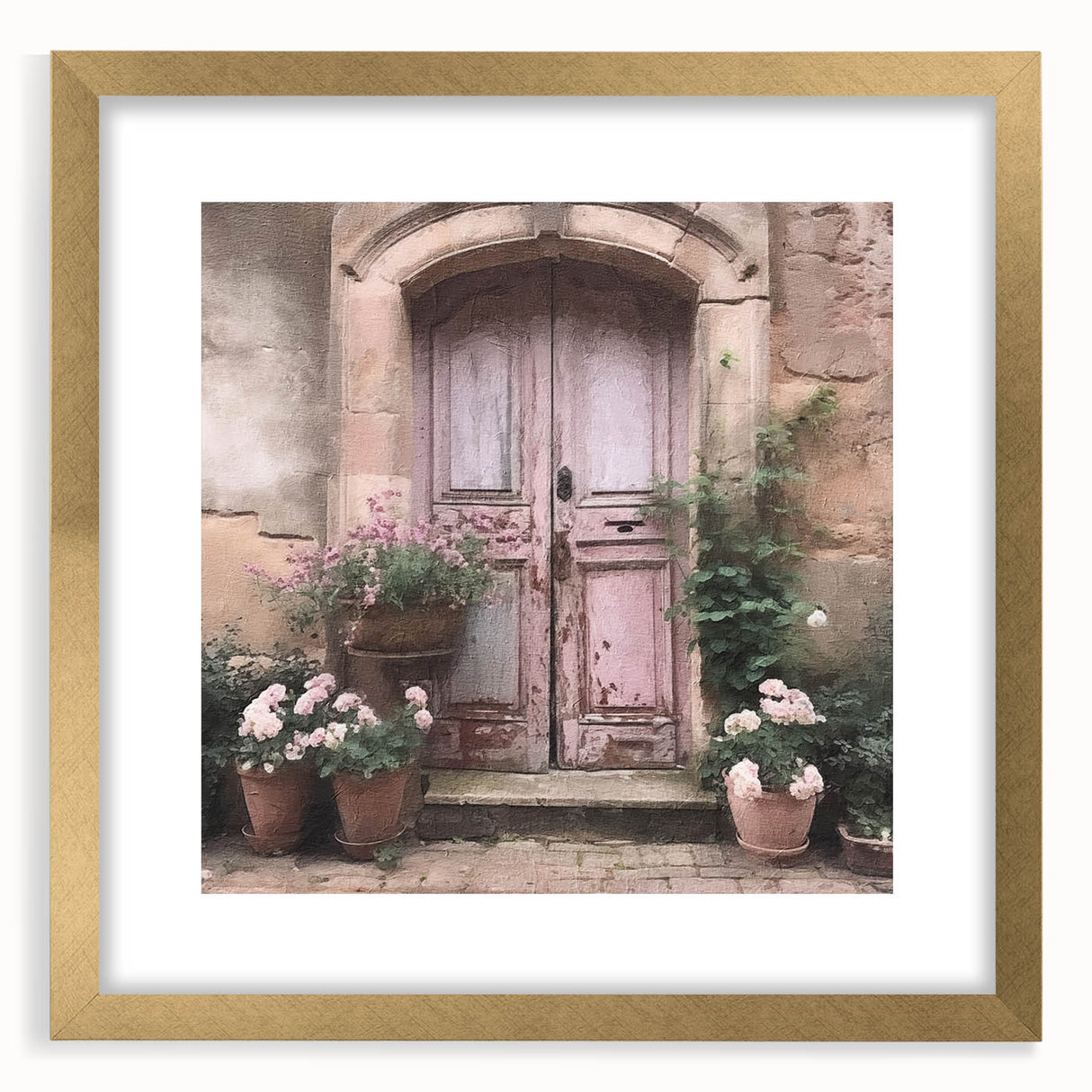 Extra large abstract art print featuring a textured design of French doors in muted gold tones, ideal for living room decor.