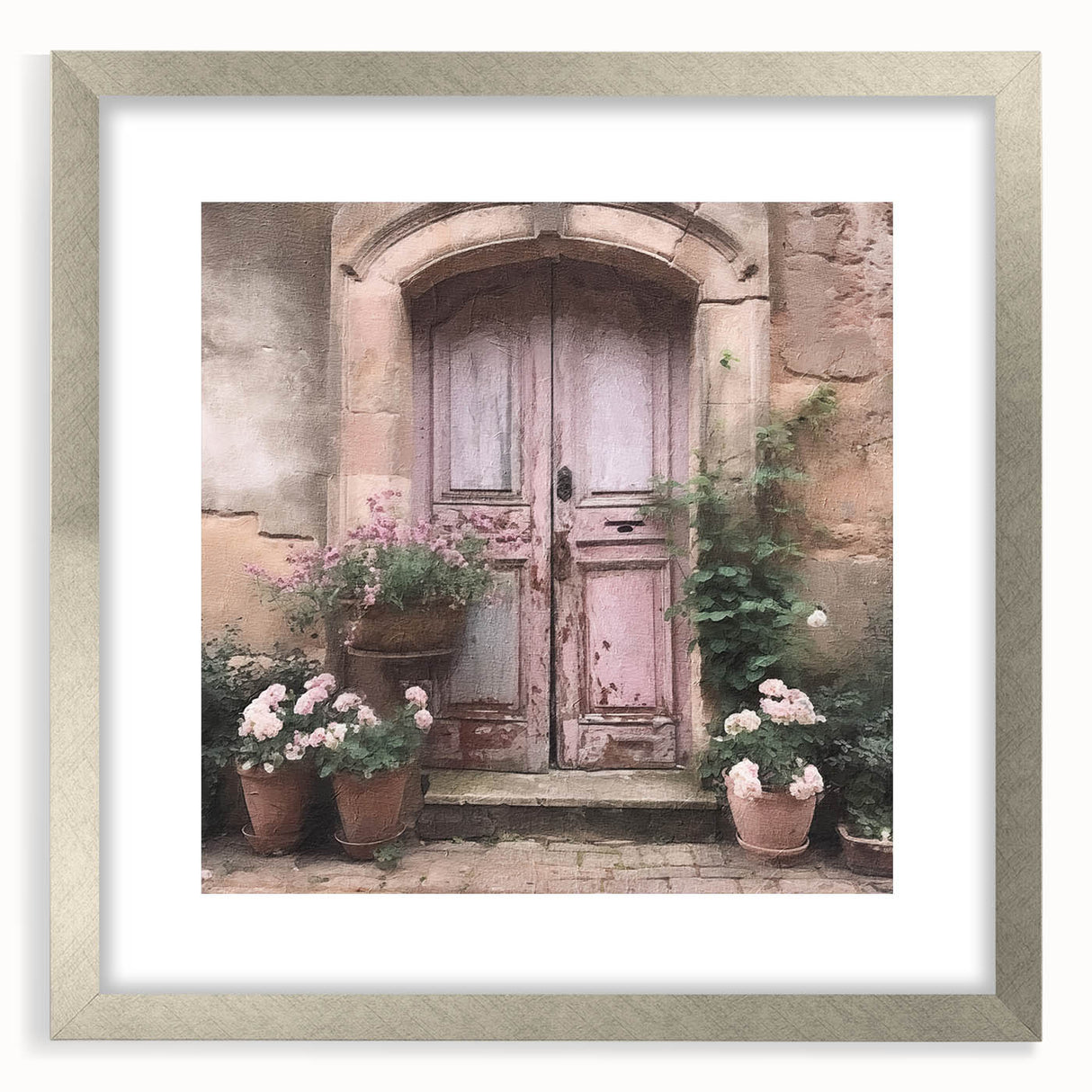 Textured abstract art print featuring a silver-framed French door design in muted tones, ideal for bedroom art.