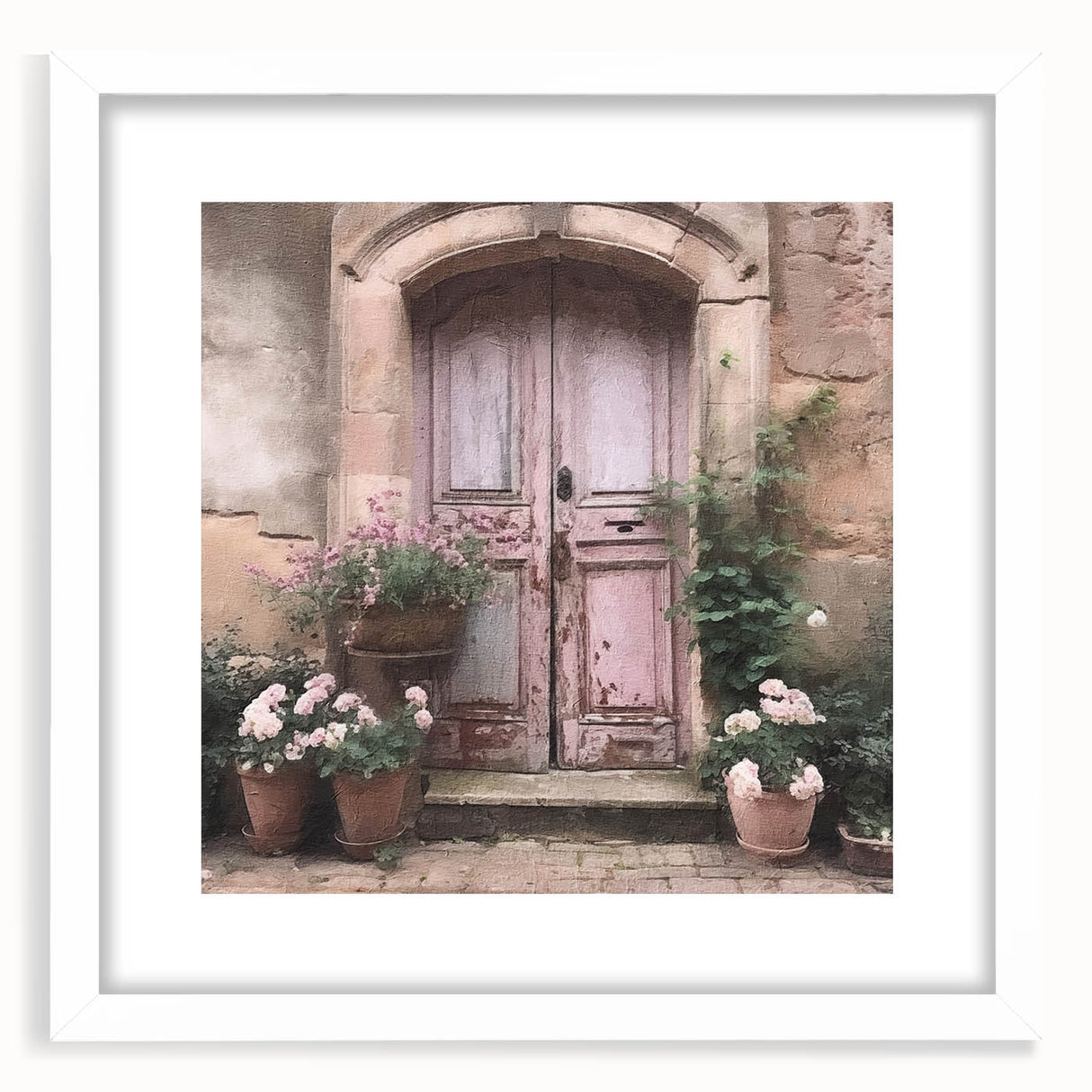 Abstract art print of a French door architecture in muted gray tones, framed with a white mat.