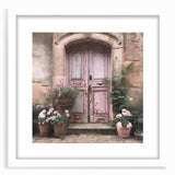 Abstract art print of a French door architecture in muted gray tones, framed with a white mat.