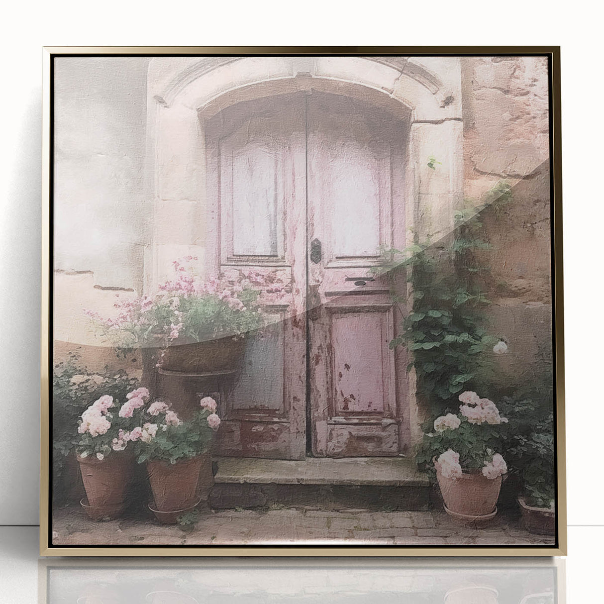 Mid-century modernist large art print of a French door, framed in gold acrylic, ideal for modern art wall decor.