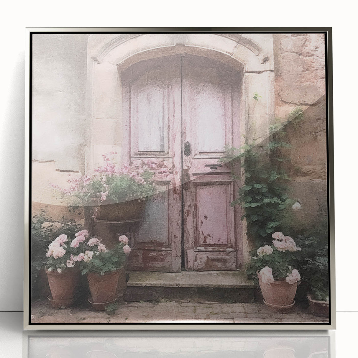 Mid-century modernist art of a French door in muted silver tones, acrylic print framed, suitable for nursery wall art.