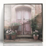 Mid-century modernist art of a French door in muted silver tones, acrylic print framed, suitable for nursery wall art.