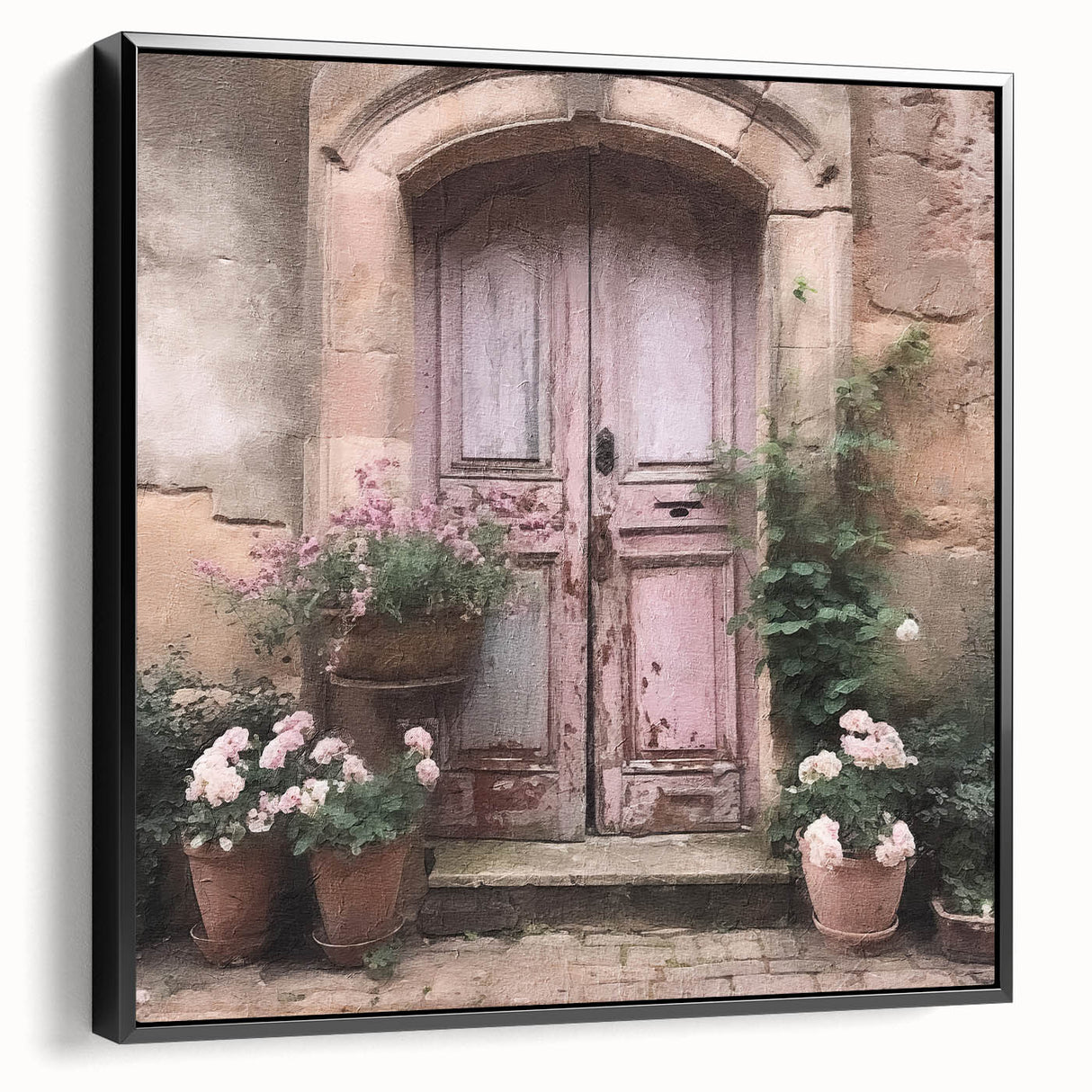 Black and white framed canvas featuring a vintage poster of a French door, ideal for bedroom wall decor.