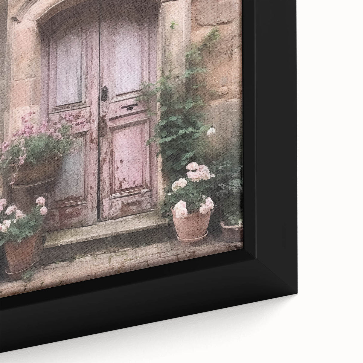Close-up of black framed canvas featuring a textured, colorful French door design, ideal for living room decor.