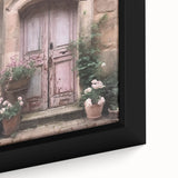 Close-up of black framed canvas featuring a textured, colorful French door design, ideal for living room decor.