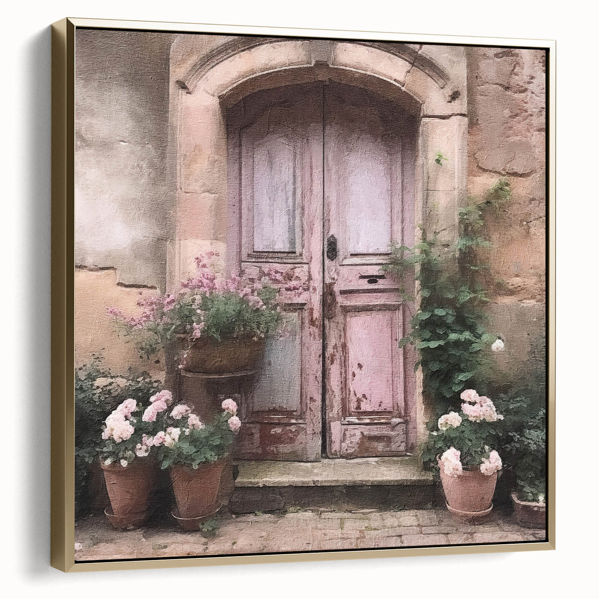 Framed canvas wall art featuring a vintage-style landscape painting of a French door, primarily in silver and gold tones.