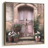 Framed canvas wall art featuring a vintage-style landscape painting of a French door, primarily in silver and gold tones.