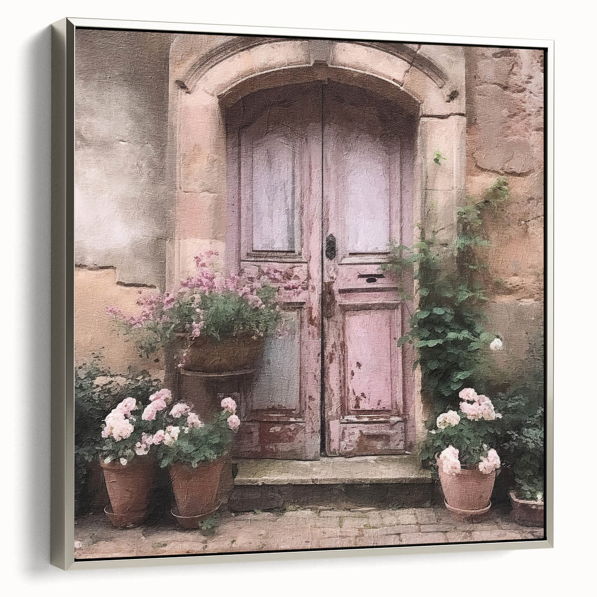 Landscape art painting of a vintage French door on a silver framed canvas, with a black and colorful palette.