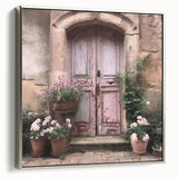 Landscape art painting of a vintage French door on a silver framed canvas, with a black and colorful palette.