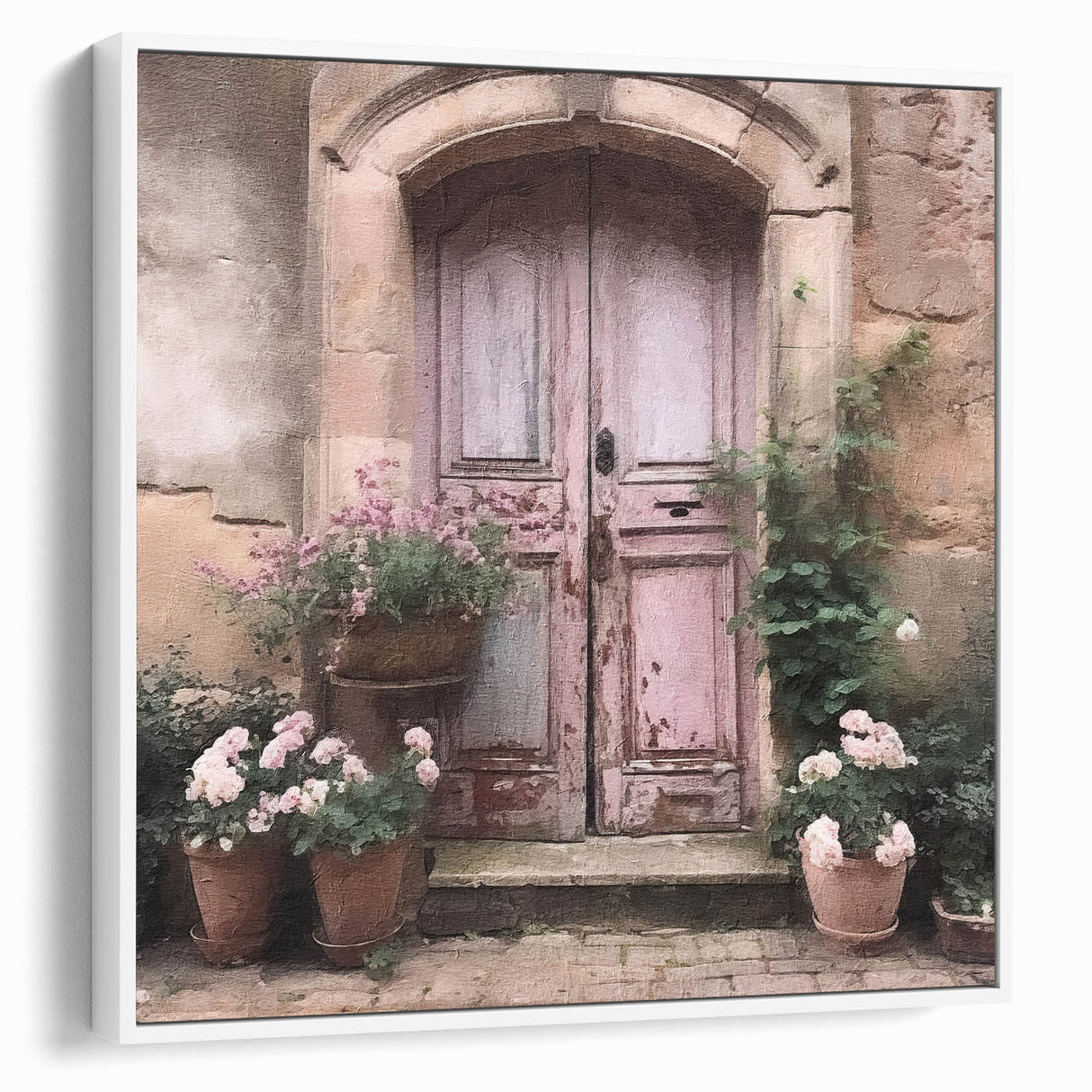 Vintage poster art of a French door, framed canvas in black and white, ideal for living room decor.