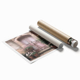 Extra large rolled print of a French door architecture with floral accents in muted colors.