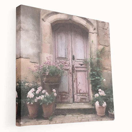 Large art print of a French door architecture on stretched canvas, in muted earth tones, ideal for kitchen wall decor.
