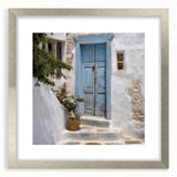 Textured abstract art print of a Greek door, in silver frame with mat, in subdued earth tones, ideal for bedroom art.