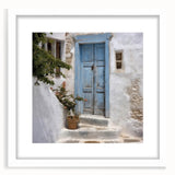 Abstract art print of a Greek door, framed with a white mat, in muted earth tones, ideal for dining room decor.