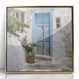 Framed acrylic print of a Greek door design in gold tones, ideal for mid-century modernist decor.