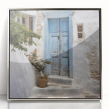 Mid-century modernist art depicting a Greek door in silver and gray tones on a framed acrylic.