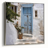 Framed canvas of a vintage-style Greek door architecture in muted earth tones.