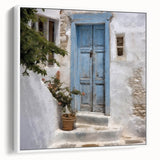 Vintage poster art of a Greek door architecture on framed canvas, featuring a white palette, ideal for living room decor.