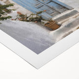 Art deco poster of a Greek architecture door in muted earth tones on rolled canvas, suitable for dining room wall art.