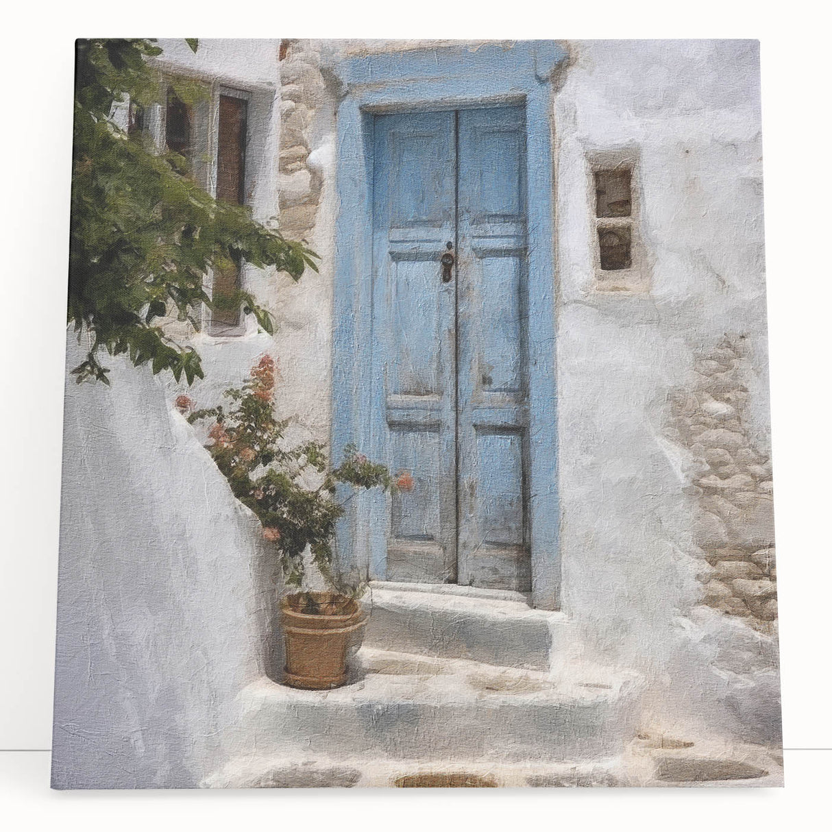 Black and white photo of a Greek architecture door printed on stretched canvas, ideal for kitchen wall art.