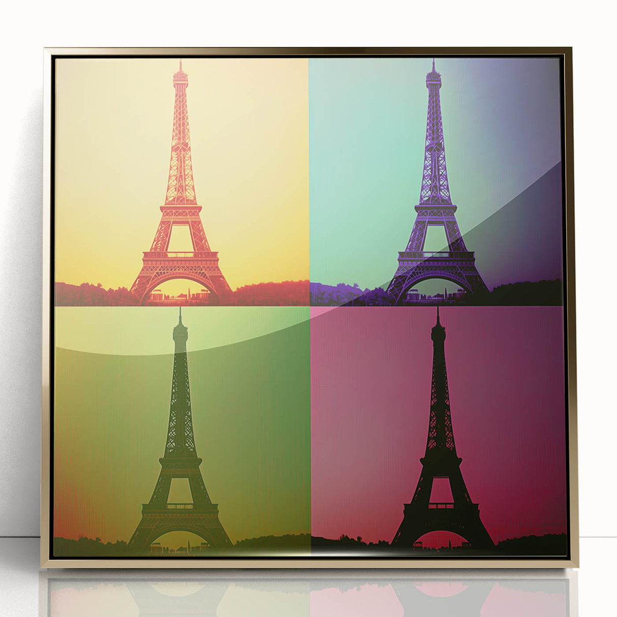 Mid-century modernist architecture depicted in gold and black tones on a framed acrylic print.