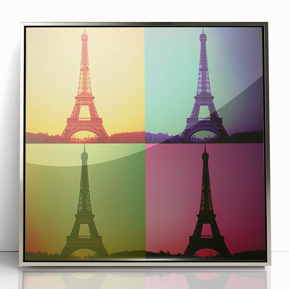 Mid-century modernist art of geometric shapes in silver acrylic frame, ideal for nursery wall art.