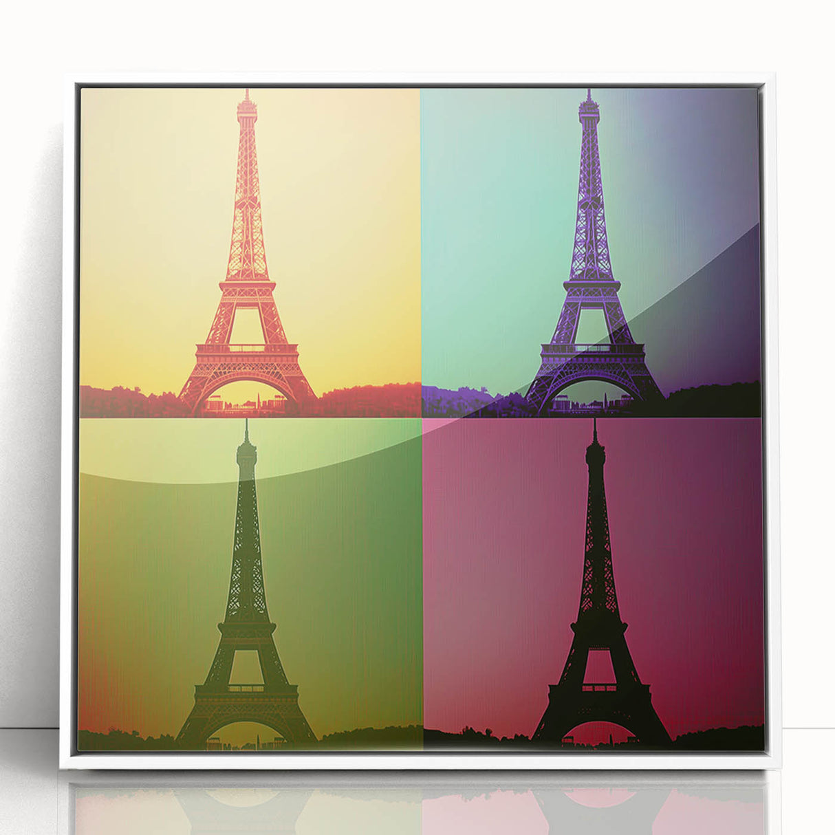 Art deco poster featuring geometric patterns in black and gold on a white acrylic frame.