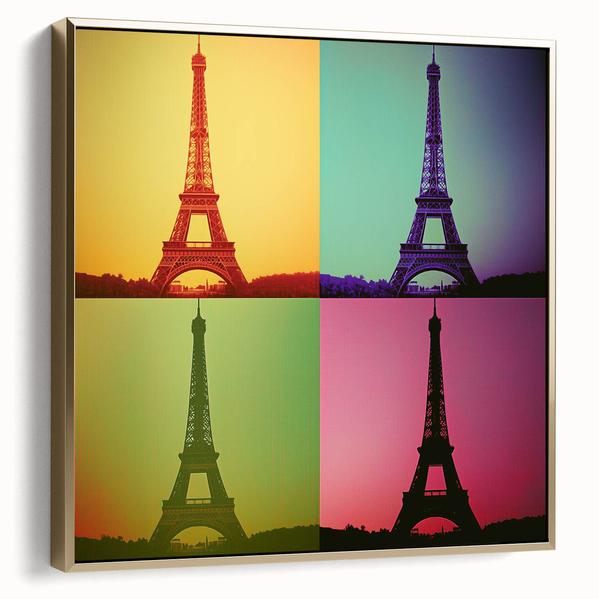 Framed canvas featuring a vintage poster-style landscape painting in black, silver, and gold tones.