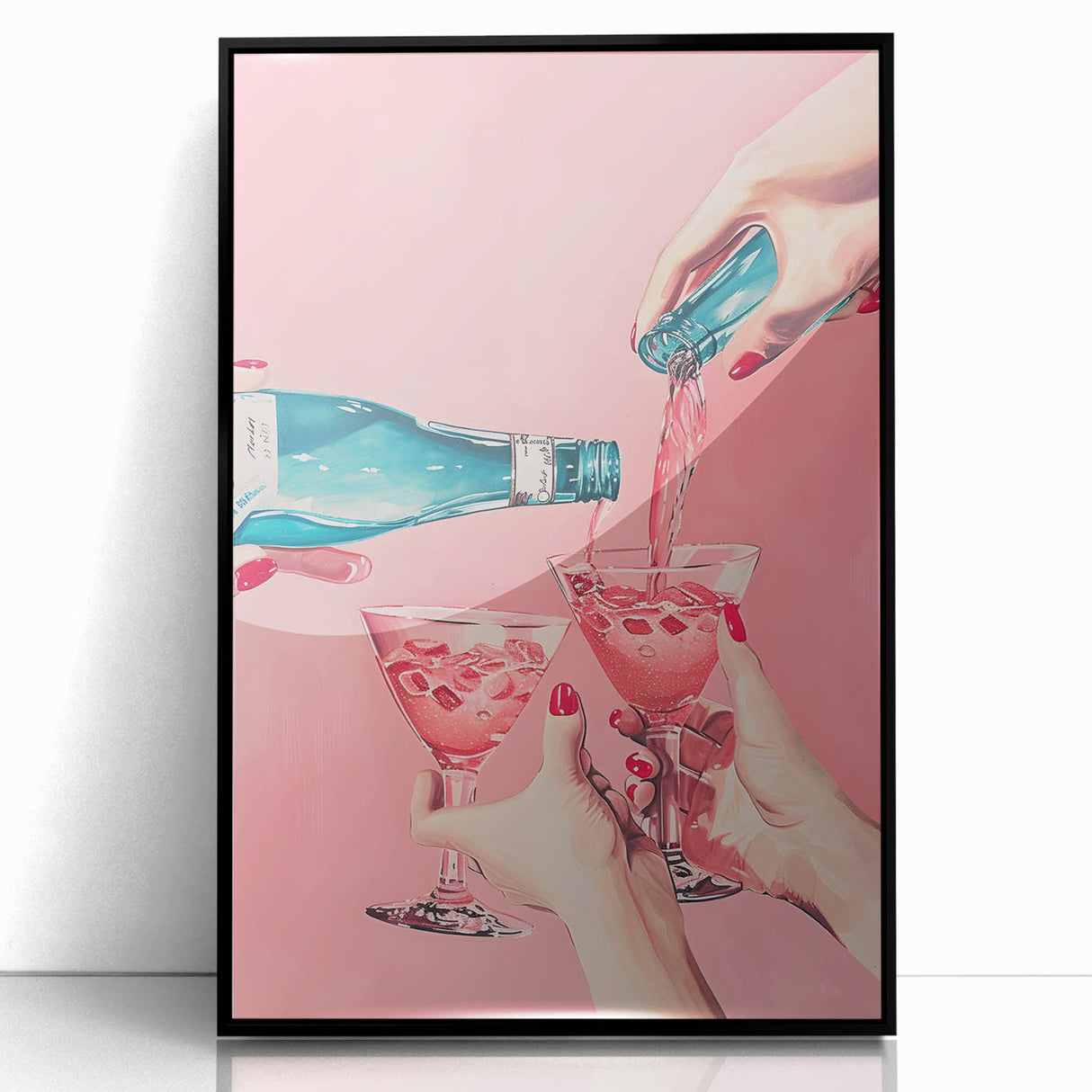 Large abstract wall art depicting colorful geometric shapes on a black acrylic framed canvas.