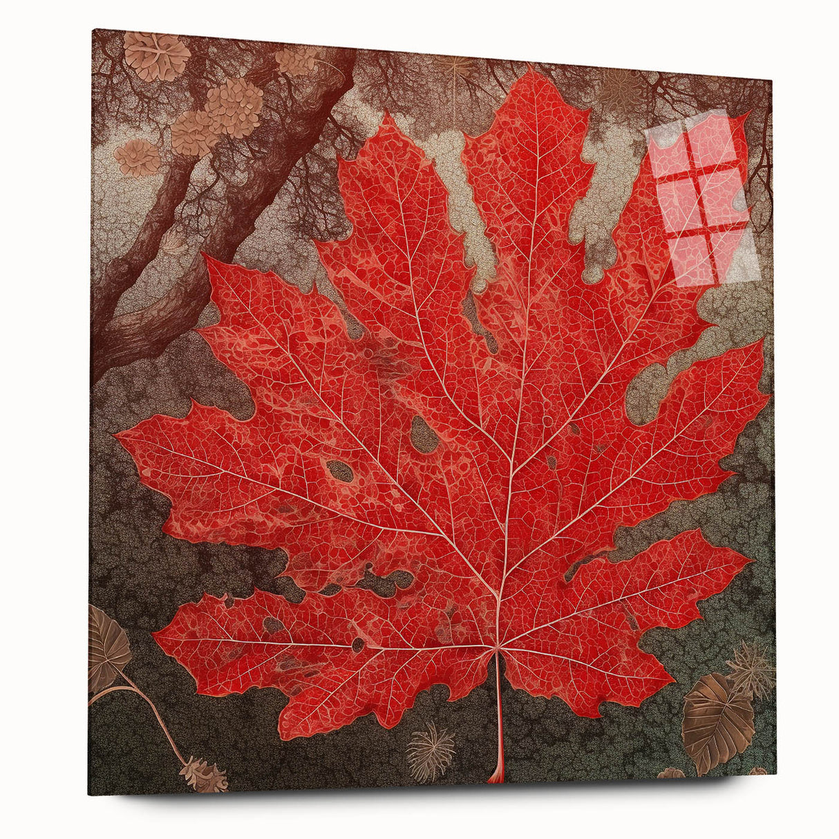 Acrylic wall art depicting vibrant flowers and botanical leaves, designed to enhance modern decor with a sleek side view showcasing its glossy finish and contemporary style. Perfect for adding a touch of nature to living spaces.