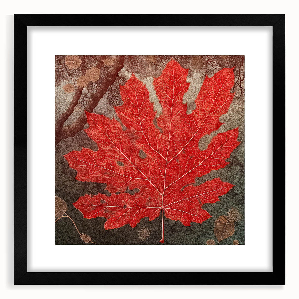 Framed wall art showcasing a floral and botanical design with intricate leaves, featuring a sleek black frame and a white mat, ideal for modern decor.