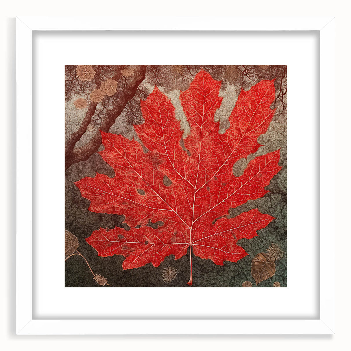 Framed botanical wall art showcasing vibrant floral and leaf designs in a white mat, perfect for home decor and adding a touch of nature to interiors.