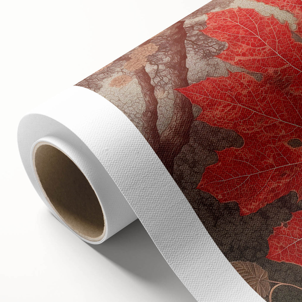 Rolled canvas showcasing vibrant floral and botanical wall art design, featuring intricate leaf patterns in earthy tones, ideal for home decor enhancement.