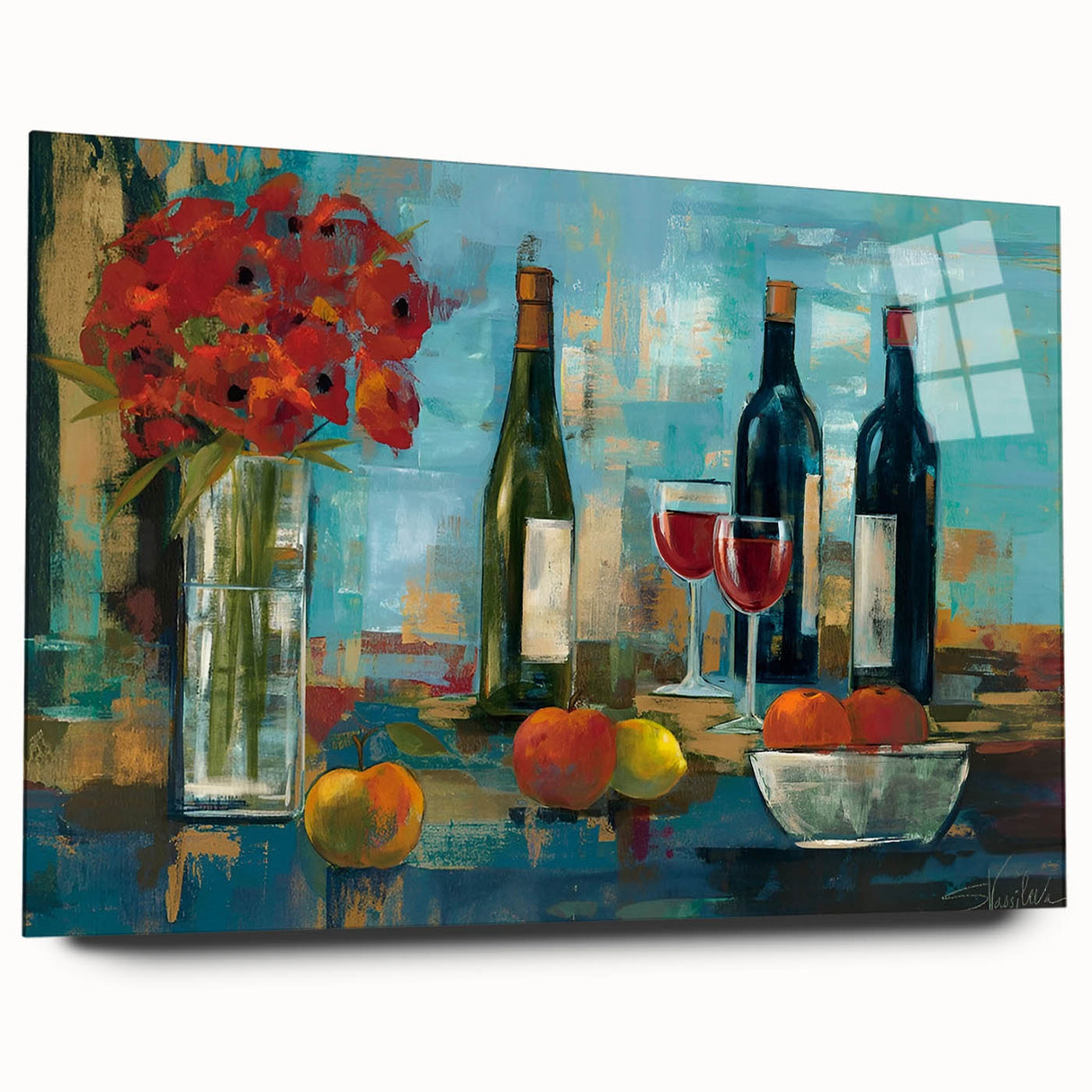 Large abstract wall art on acrylic featuring vibrant red and orange swirls, ideal for bedroom or dining room decor.