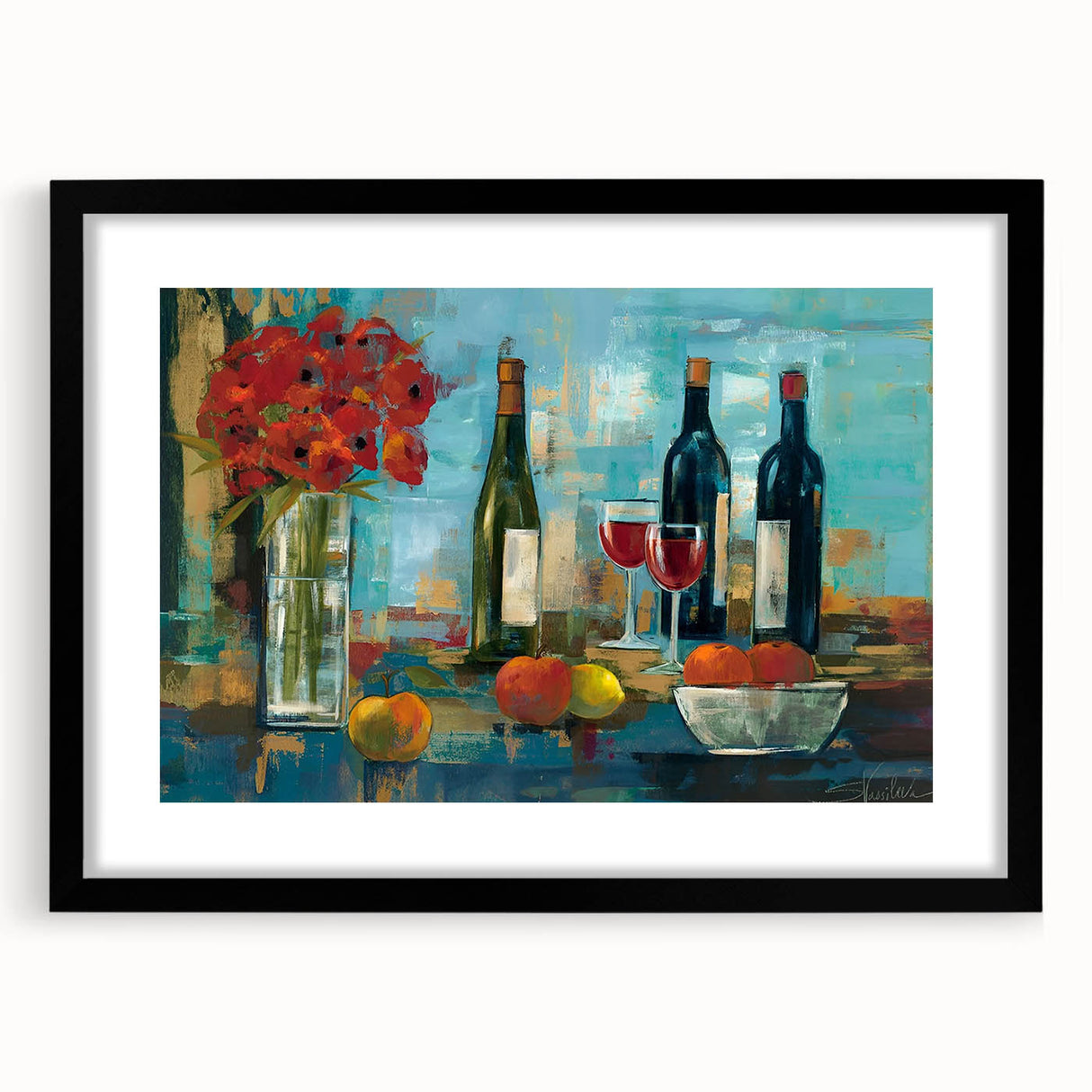 Extra large abstract art print featuring vibrant, textured colors on a framed black mat, ideal for living room decor.