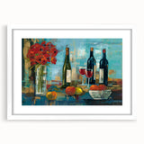 Abstract art print featuring vibrant, swirling colors on a white framed poster, ideal for dining room decor.