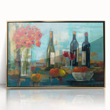 Art deco poster featuring stylized food and drink motifs in gold and black, framed acrylic, ideal for modern kitchen decor.