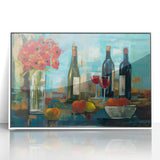 Mid-century modernist art depicting food and drinks on acrylic print with white frame, suitable for modern kitchen decor.