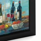 Close-up of extra large black wall art featuring colorful, textured food and drink motifs on a framed canvas.