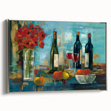 Framed canvas featuring a vintage poster of colorful landscape art with dominant black borders, ideal for dining room decor.