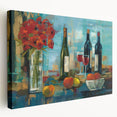 Large stretched canvas featuring a vibrant, colorful depiction of various fruits and vegetables, ideal for kitchen wall art.