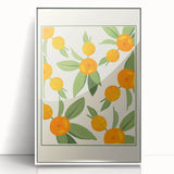 Modern art wall decor featuring an array of colorful fruits on white acrylic, framed, ideal for kitchen or dining room.